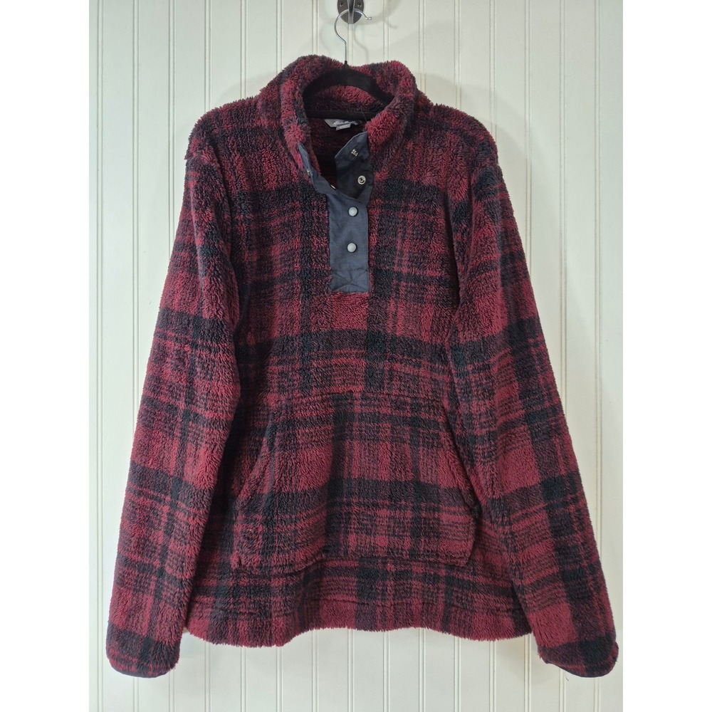 Eddie Bauer Mens XL Red Black Plaid Sherpa Fleece Snap Mock Neck Pullover